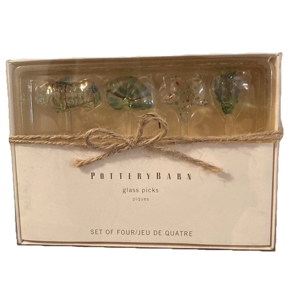 Pottery Barn Glass Picks Set Of 4 Beachy‎ Fish Shell Starfish Ocean Sea NEW